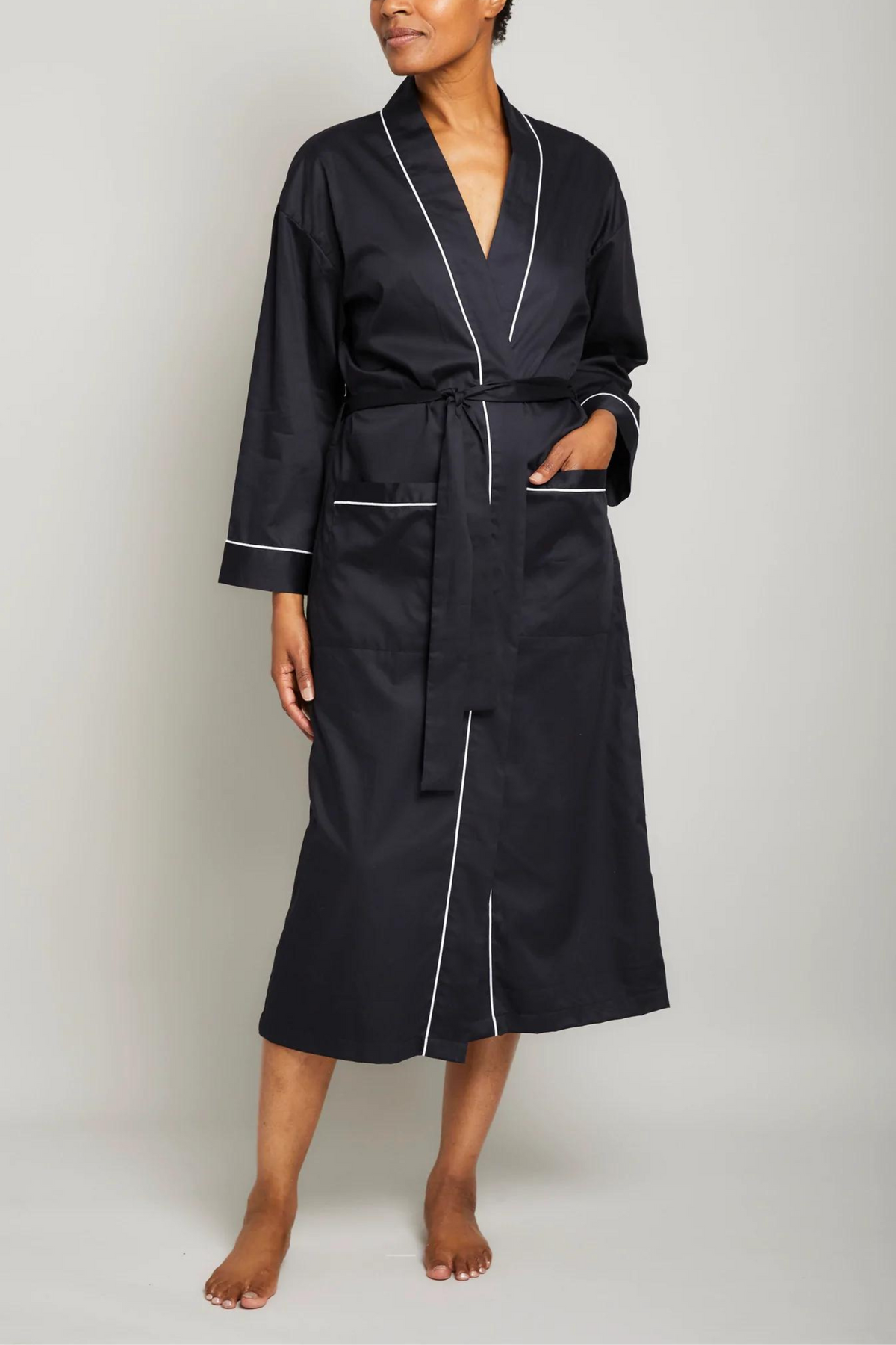Cotton Sateen Robe with Contrast Piping-black – Robe – BLACK