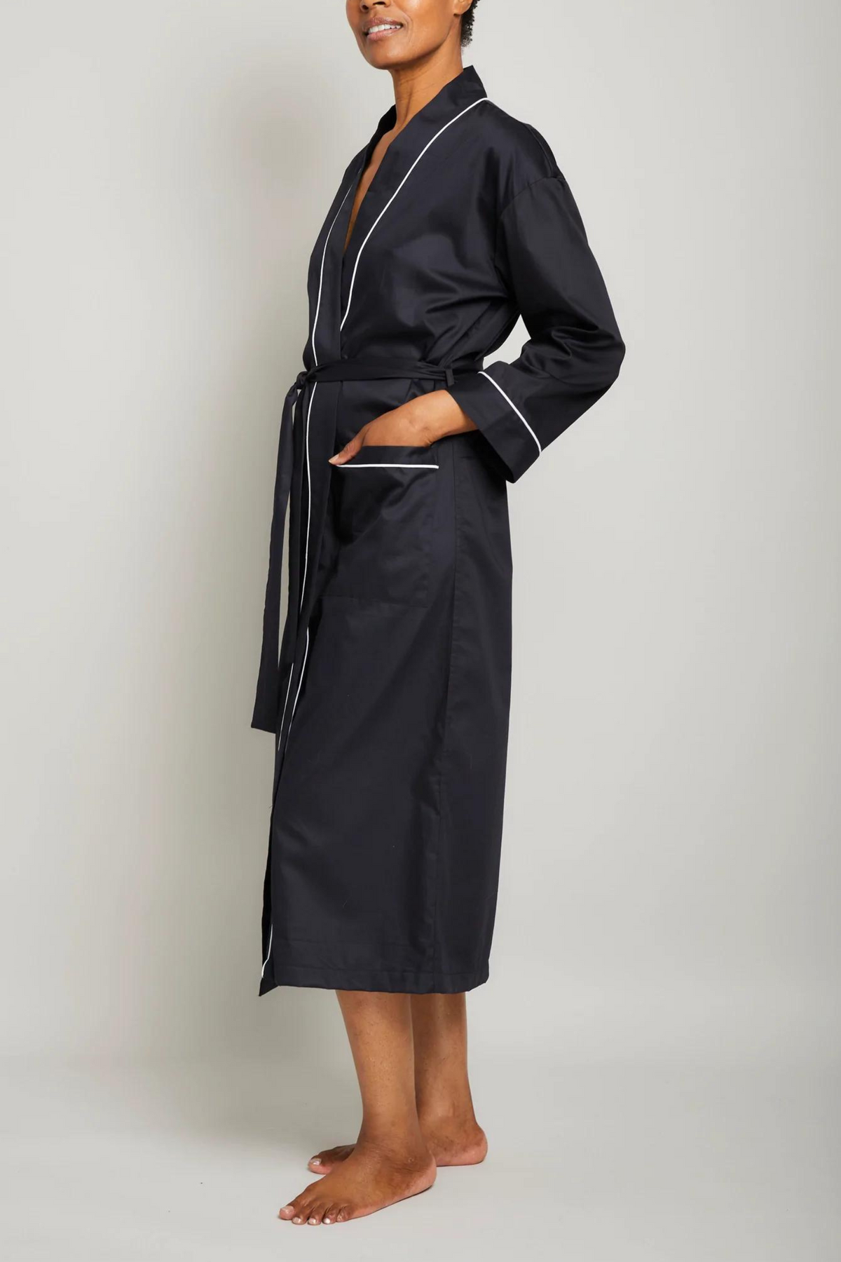 Cotton Sateen Robe with Contrast Piping-black – Robe – BLACK