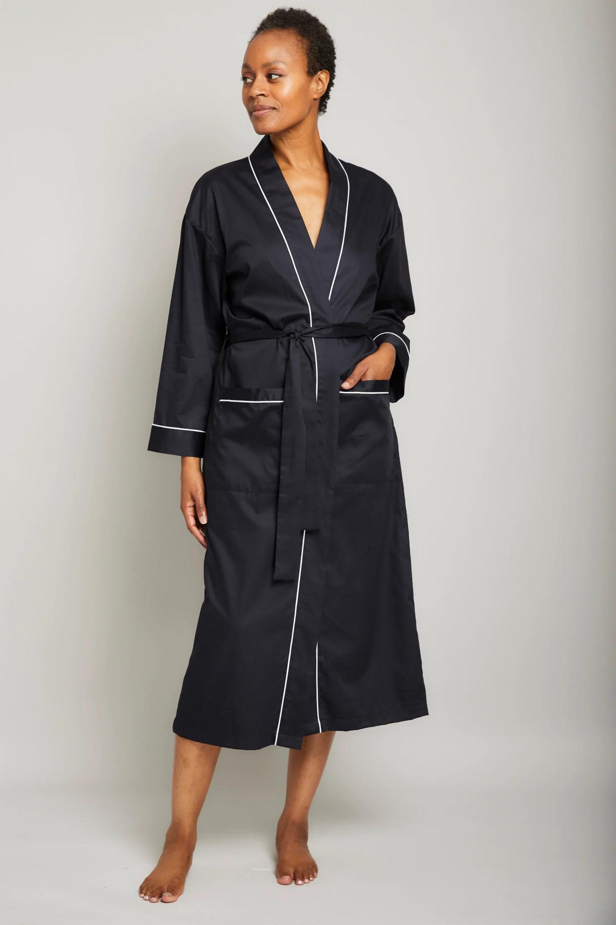 Cotton Sateen Robe with Contrast Piping-black – Robe – BLACK