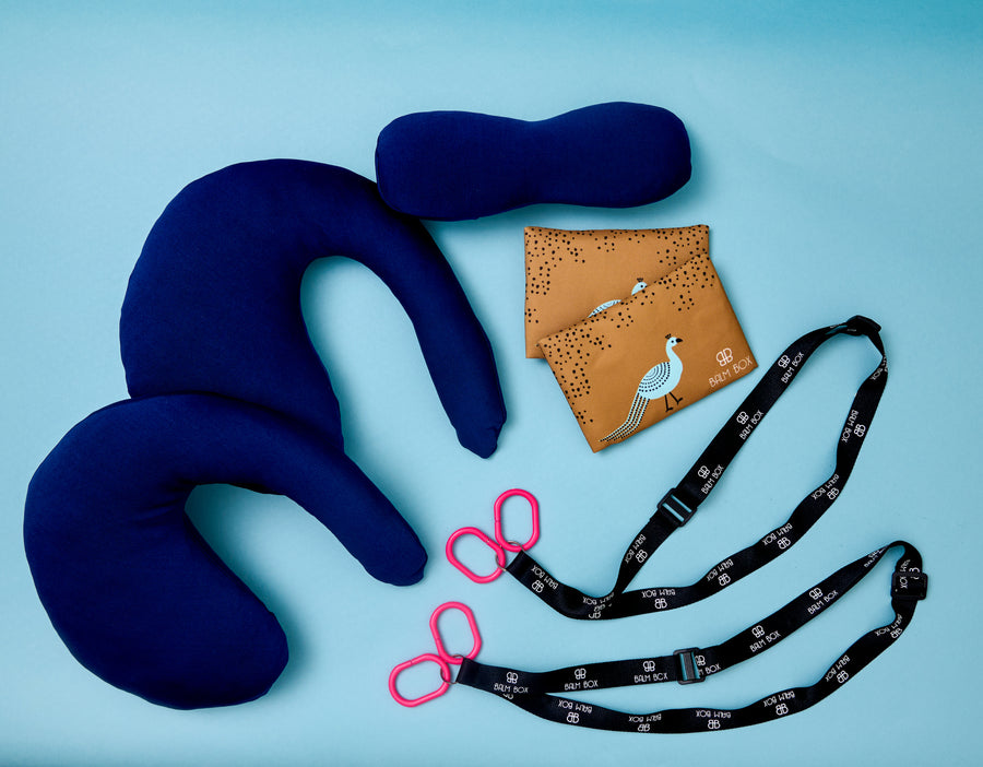 A travel neck pillow set arranged on a light blue background, including a navy blue U-shaped travel pillow, a matching contoured neck pillow, a tan patterned pouch, a black printed shoulder strap, and two pink carabiner clips.
