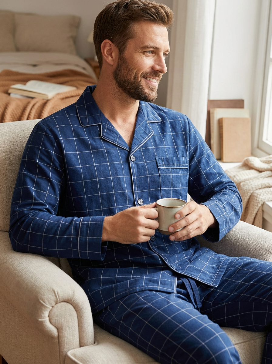 Mens Cotton Woven Double Layer Soft Pajama Sleepwear Set