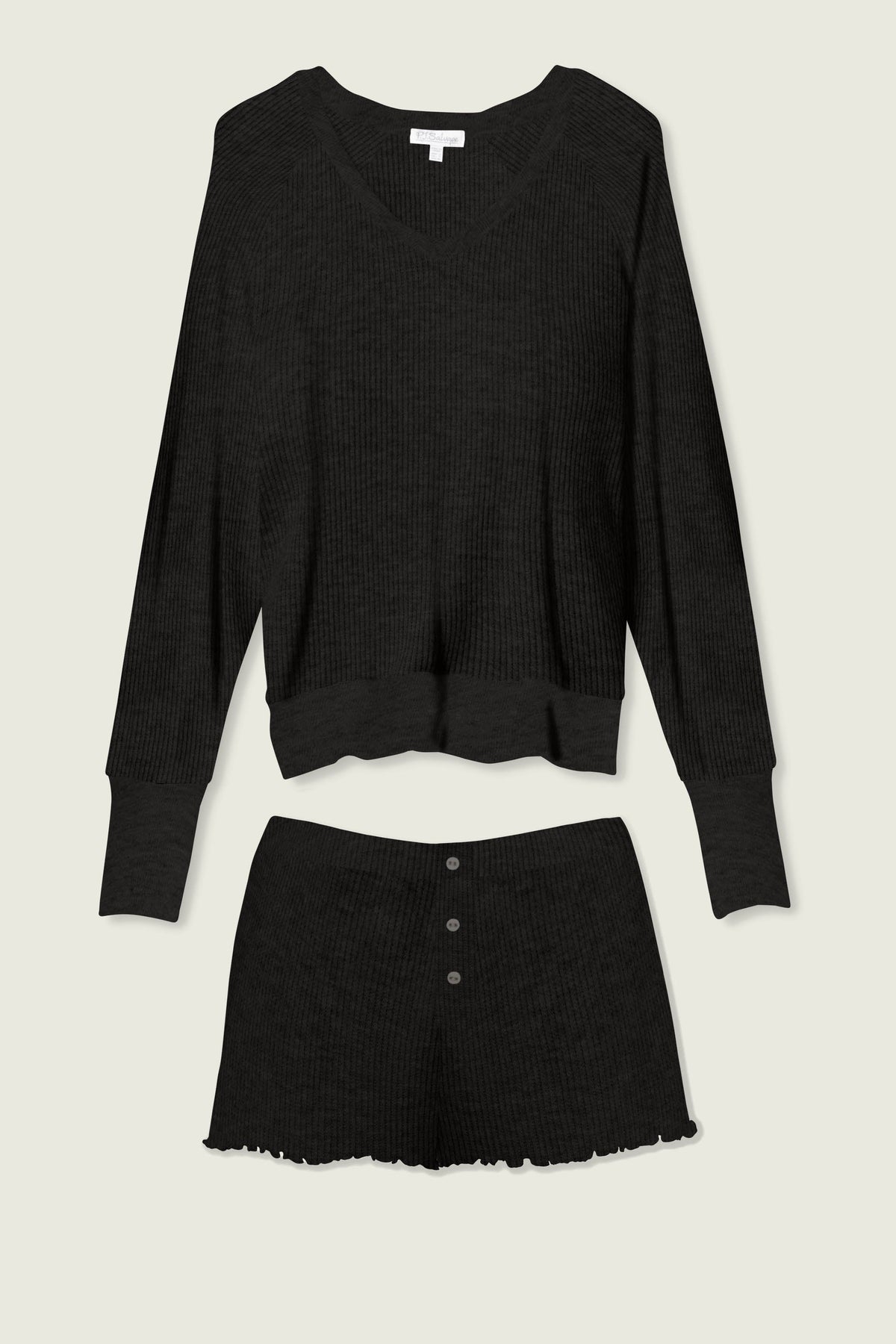 Textured Essentials Black Short Lounge Set – Shorts Set – BLACK