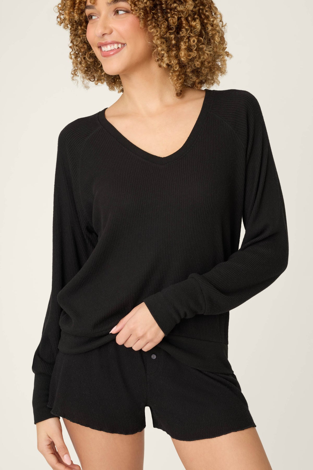 Textured Essentials Black Short Lounge Set – Shorts Set – BLACK