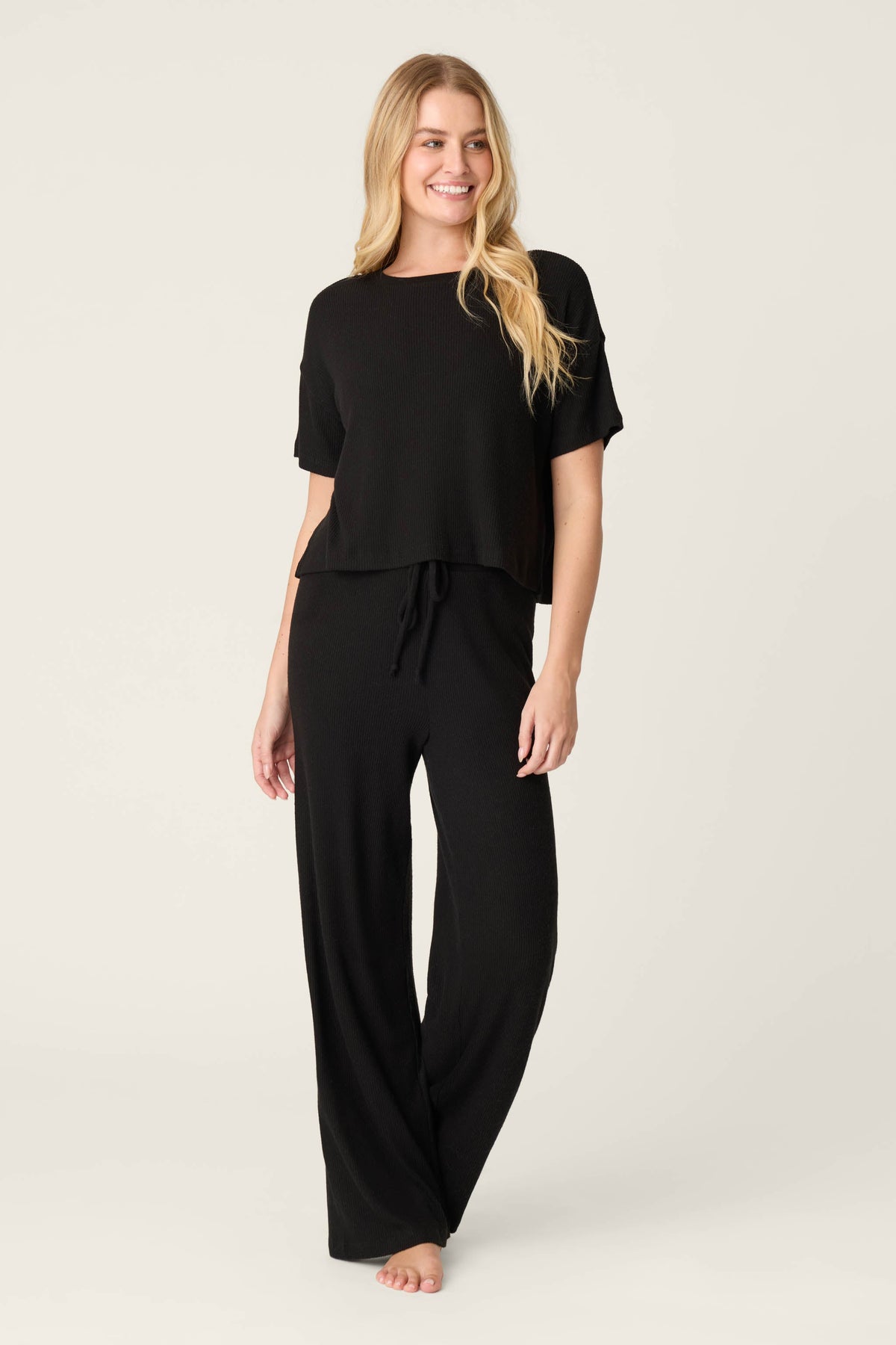 Textured Essentials Black Long Lounge Set – Pants Set – BLACK