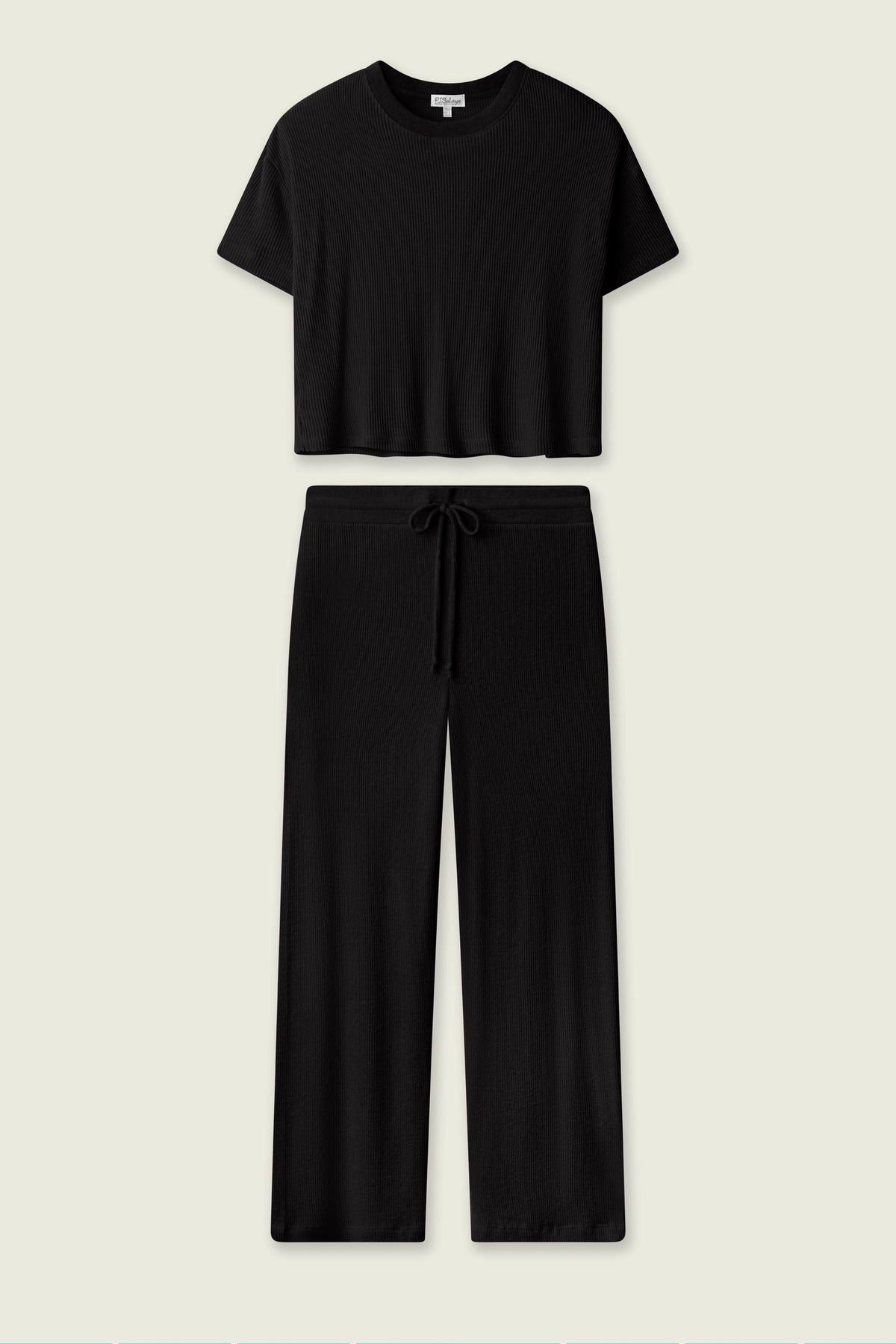 Textured Essentials Black Long Lounge Set – Pants Set – BLACK