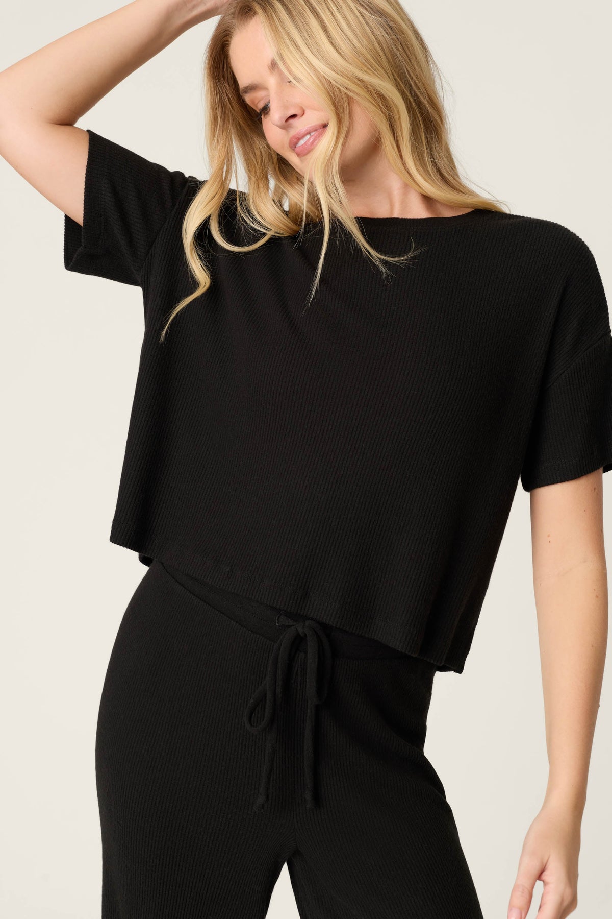 Textured Essentials Black Long Lounge Set – Pants Set – BLACK