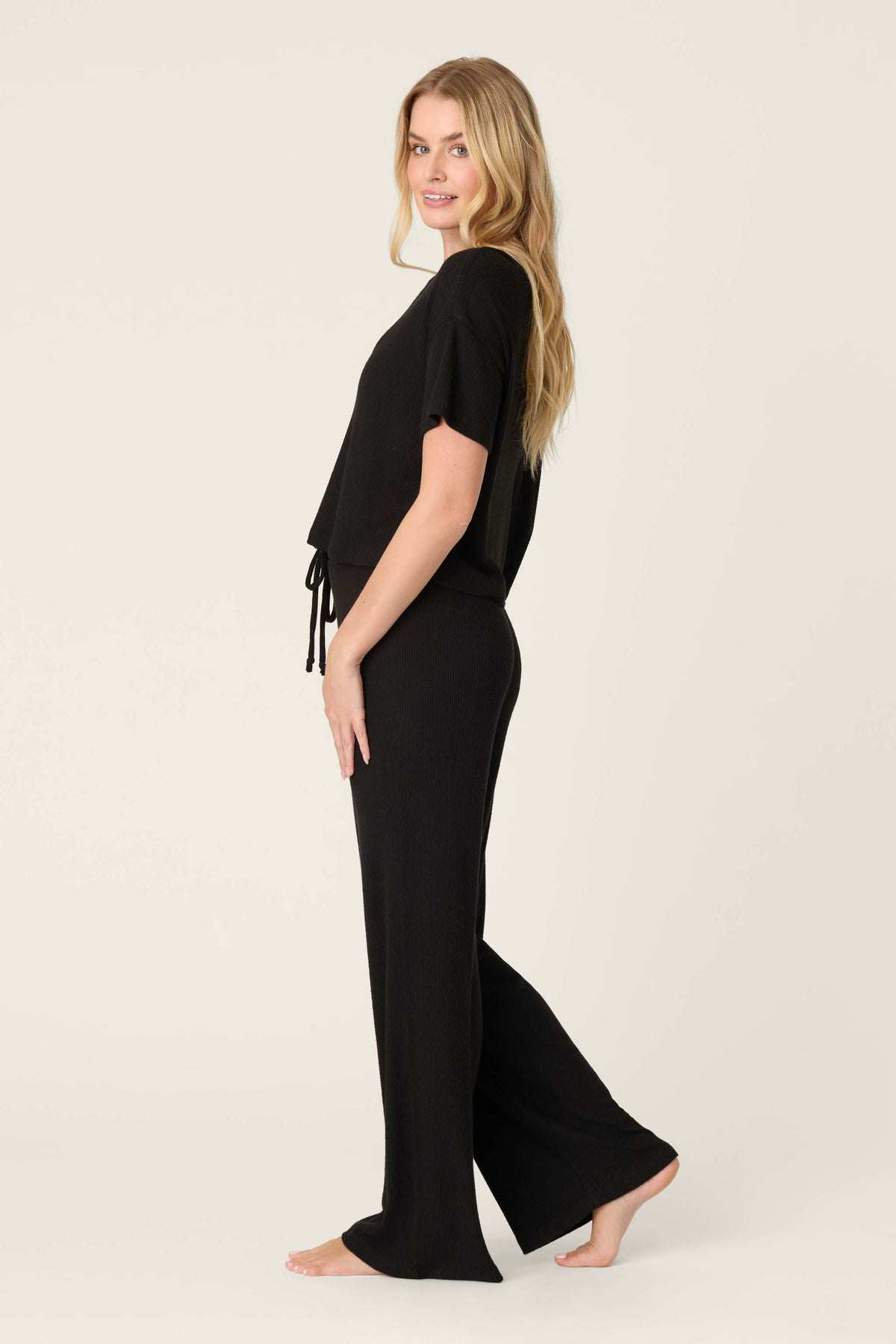 Textured Essentials Black Long Lounge Set – Pants Set – BLACK