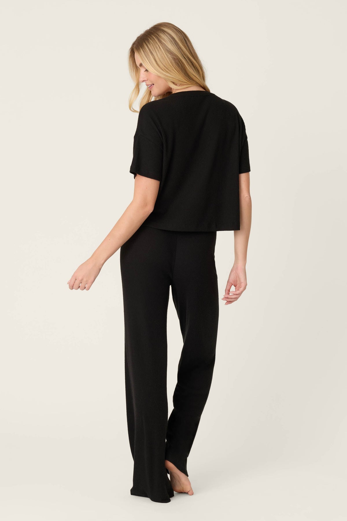 Textured Essentials Black Long Lounge Set – Pants Set – BLACK